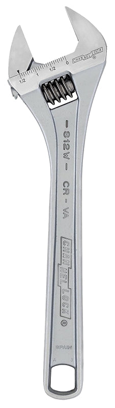 Channellock WIDEAZZ Series 812W Adjustable Wrench, 12 in OAL, 1.54 in Jaw, Steel, Chrome-Plated, Plain Grip Handle