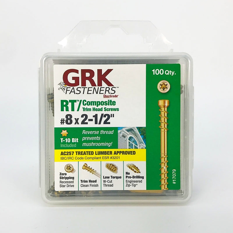 GRK Fasteners RT Series 119079 Screw, #8 Thread, 2-1/2 in L, Trim Head, Star Drive, Zip-Tip Point, Steel, Climatek, Gold