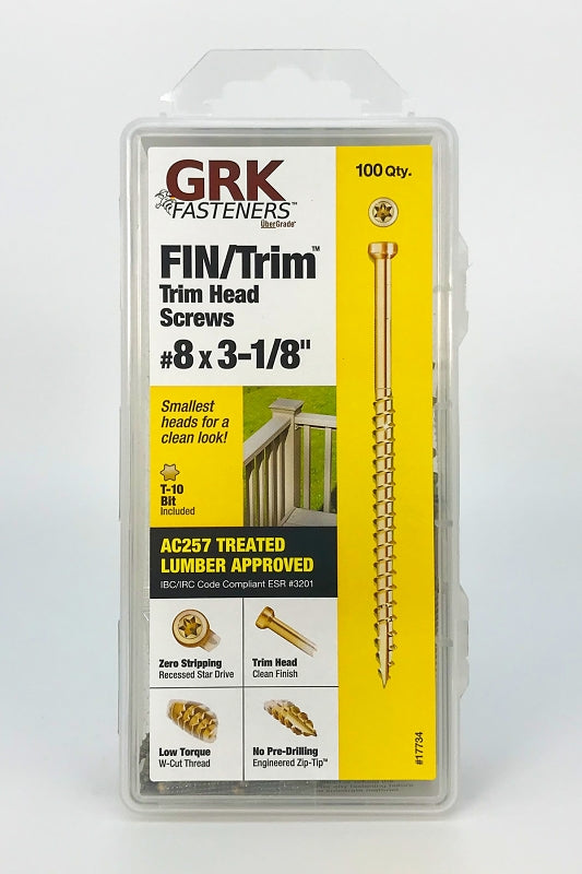 GRK Fasteners FIN/Trim 119734 Finishing Screw, #8 Thread, 3-1/8 in L, Trim Head, Star Drive, Zip-Tip Point, Steel