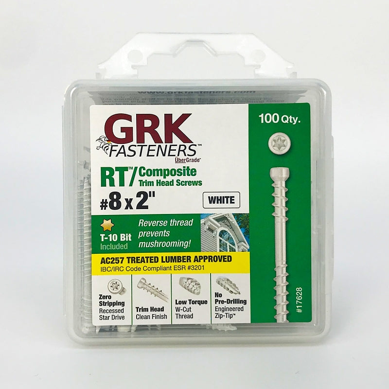 GRK Fasteners RT 17628 Screw, #8 Thread, 2 in L, Reverse Thread, Trim Head, Star Drive, Zip-Tip Point, Steel, 100 PK