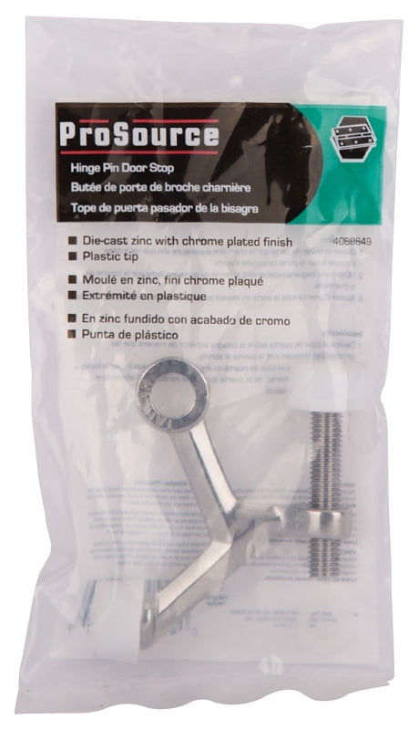 ProSource H20-B022-PS Light-Duty Hinge Pin Door Stop, 2-1/4 in Projection, Die-Cast Zinc & Plastic, Chrome