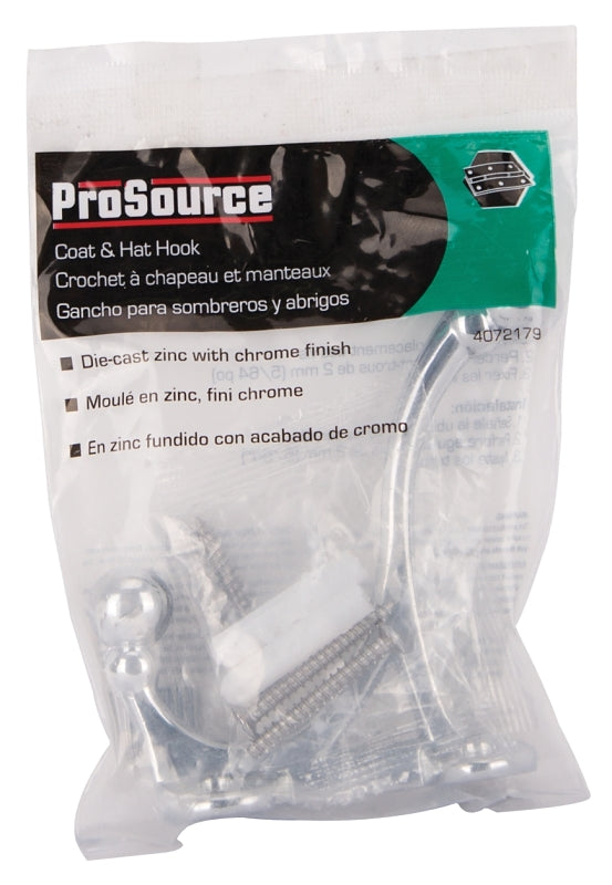 ProSource H-014-CH Coat and Hat Hook, 33 lb, 2-Hook, 1-1/2 in Opening, Zinc, Chrome