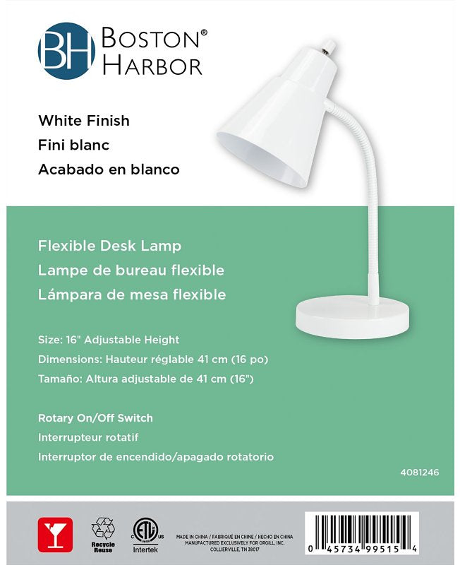 Boston Harbor TL-TB-170-WH-3L Flexible Desk Lamp, 120 V, 60 W, 1-Lamp, CFL Lamp, White Fixture, White
