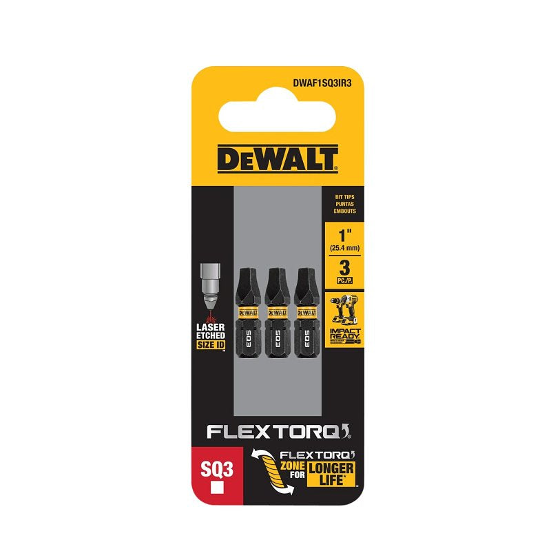 DEWALT FlexTorq DWAF1SQ3IR3 Impact Screwdriver Bit, #3 Drive, Square Drive, 1/4 in Shank, Hex Shank, 1 in L, Steel