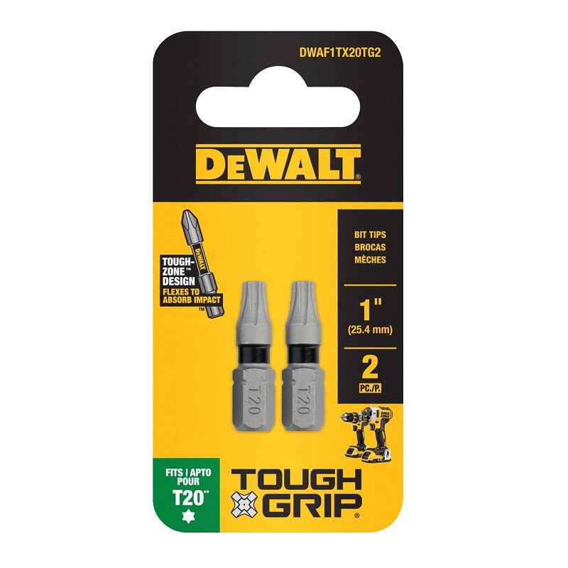 DEWALT TOUGHGRIP DWAF1TX20TG2 Screwdriver Bit, #20 Drive, Torx Drive, 1/4 in Shank, Hex Shank, 1 in L, Steel