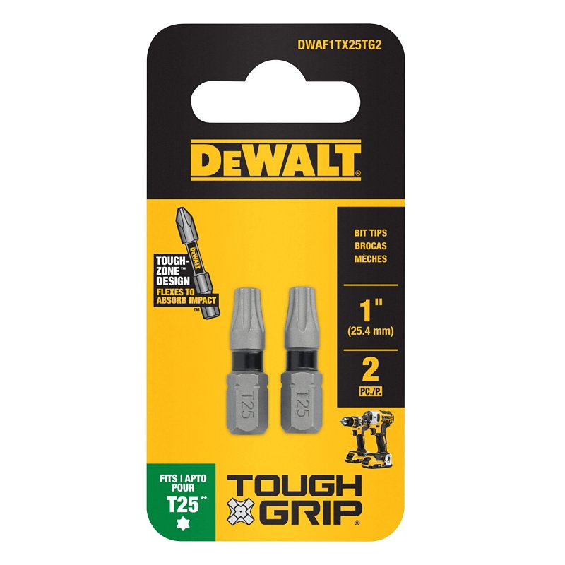 DEWALT TOUGHGRIP DWAF1TX25TG2 Screwdriver Bit, T25 Drive, Torx Drive, 1/4 in Shank, Hex Shank, 1 in L, Steel