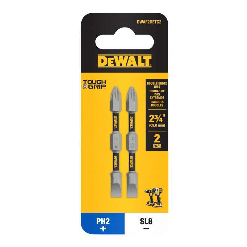 DEWALT TOUGHGRIP DWAF2DETG2 Double-Ended Screwdriver Bit, #2, #8 Drive, Phillips, Slotted Drive, 1/4 in Shank, Hex Shank