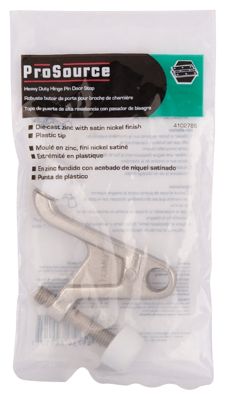ProSource H20-B033-PS Heavy-Duty Hinge Pin Door Stop, 2-3/4 in Projection, Die-Cast Zinc & Plastic, Satin Nickel