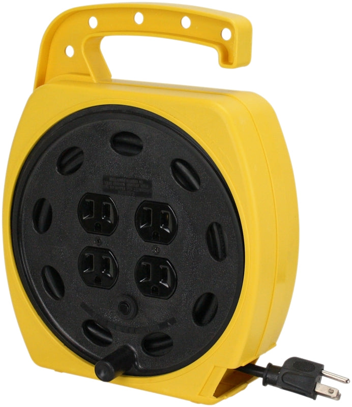 PowerZone ORCR220625 Cord Reel, 25 ft L Cord, 16 AWG Wire, 4-Socket, NEMA 5-15R Socket, NEMA 5-15P Plug, 125 V