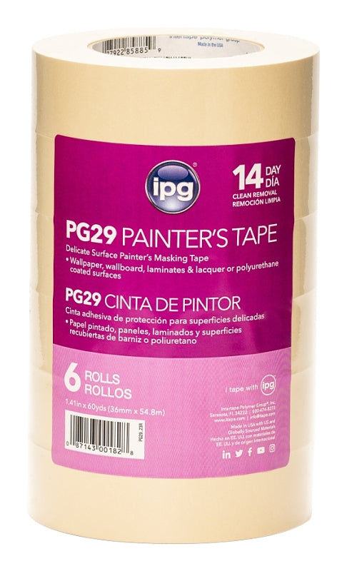IPG PG29..23R Masking Tape, 6.8 mil Thick, 25 in-oz Adhesion, 60 yd L, 1.41 in W, Paper Backing, Beige