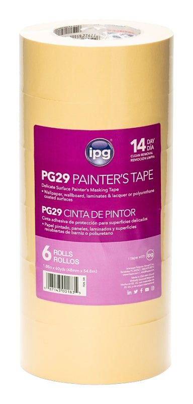 IPG PG29..24R Masking Tape, 6.8 mil Thick, 25 in-oz Adhesion, 60 yd L, 1.88 in W, Paper Backing, Beige