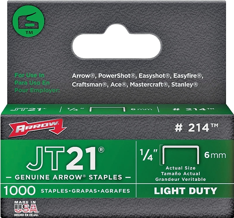 Arrow JT21 Series 214 Staple, 1/4 in W Crown, 1/4 in L Leg, Steel, Galvanized, 0.03 ga, Pack of 5