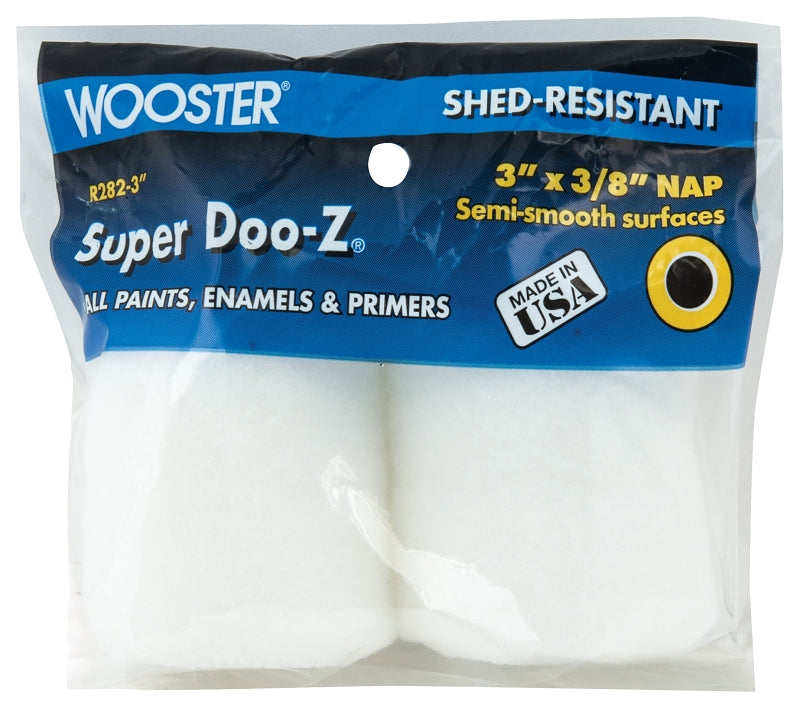 Wooster Super Doo-Z R282-3 Trim Roller Refill, 3/8 in Thick Nap, 3 in L, Fabric Cover
