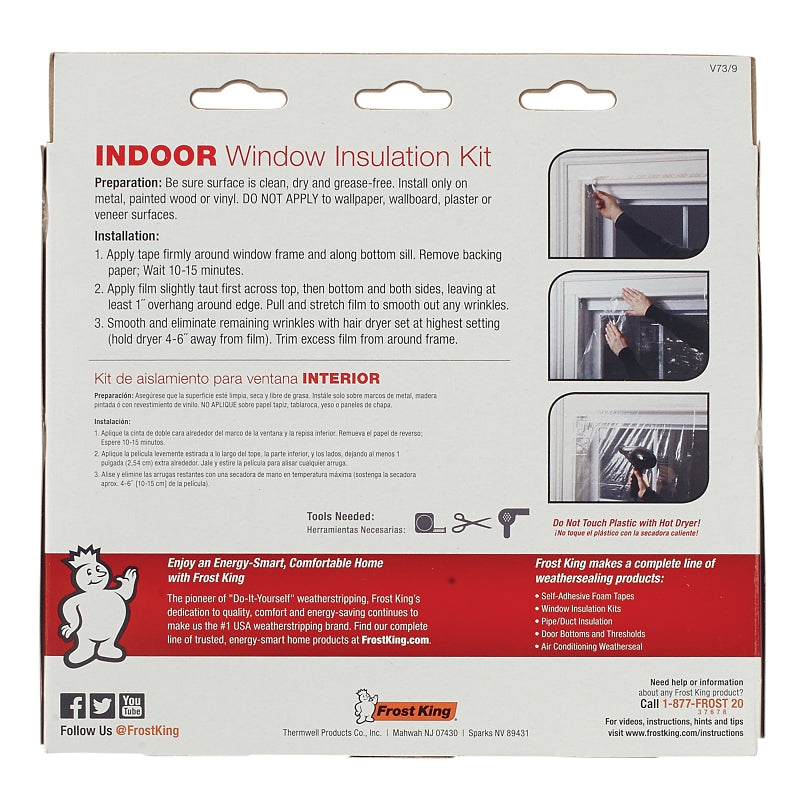 Frost King V73/9H Indoor Shrink Window Kit, 42 in W, 0.75 mil Thick, 5.2 ft L, Plastic, Clear, 9/PK