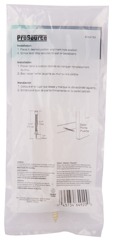 ProSource H61-Z010-PS Light-Duty Door Stop, 3/4" in Dia Base, 3 in Projection, Plastic & Steel, Polished Brass