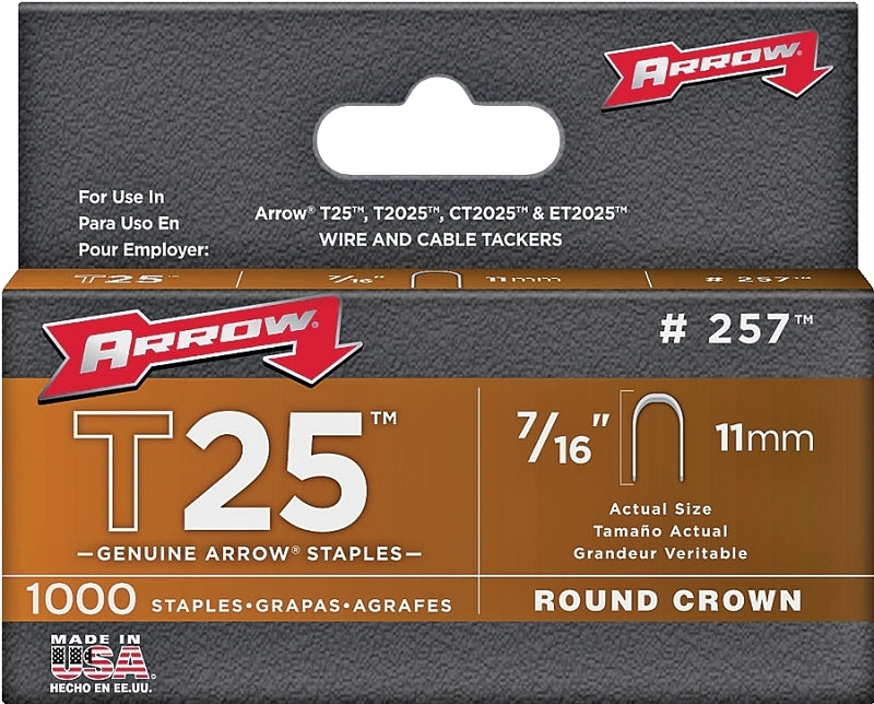 Arrow T25 Series 257 Staple, 5/16 in W Crown, 7/16 in L Leg, Steel, Pack of 5
