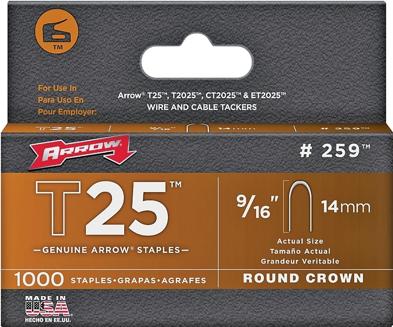 Arrow T25 Series 259 Staple, 5/16 in W Crown, 9/16 in L Leg, Steel, Pack of 5
