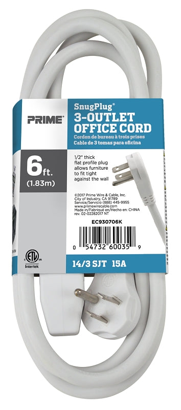 Prime SnugPlug EC930706K Extension Cord, 14/3 AWG Cable, 6 ft L, 15 A, 125 V, White