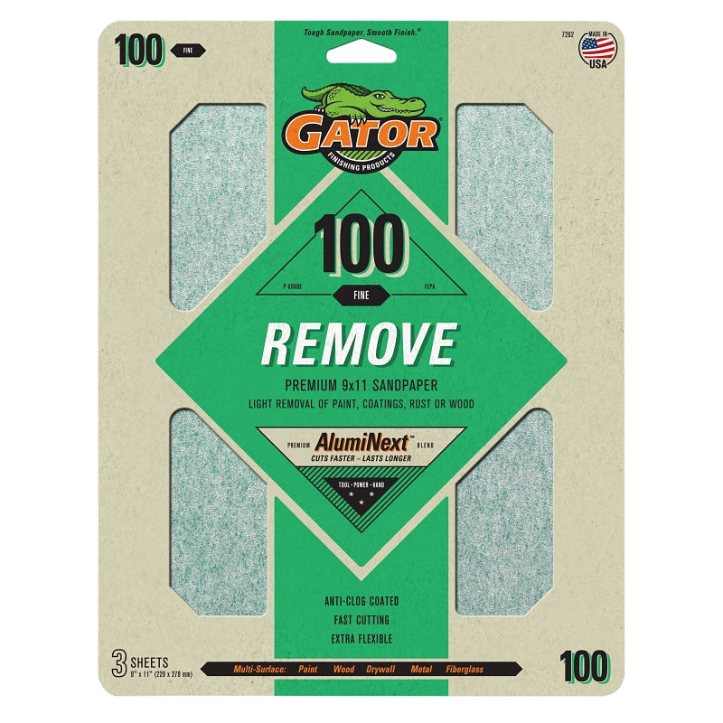 Gator 7262 Sanding Sheet, 9 in W, 11 in L, 100 Grit, Coarse, Latex Backing