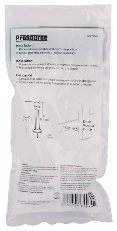 ProSource CL-208P-WH-PS Heavy-Duty Rigid Door Stop, 1 in Dia Base, 3 in Projection, Die-Cast Zinc & Plastic, White