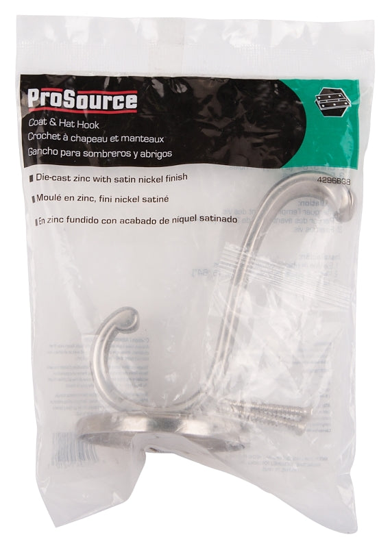 ProSource H-031-SN Coat and Hat Hook, 33 lb, 2-Hook, 1 in Opening, Zinc, Satin Nickel