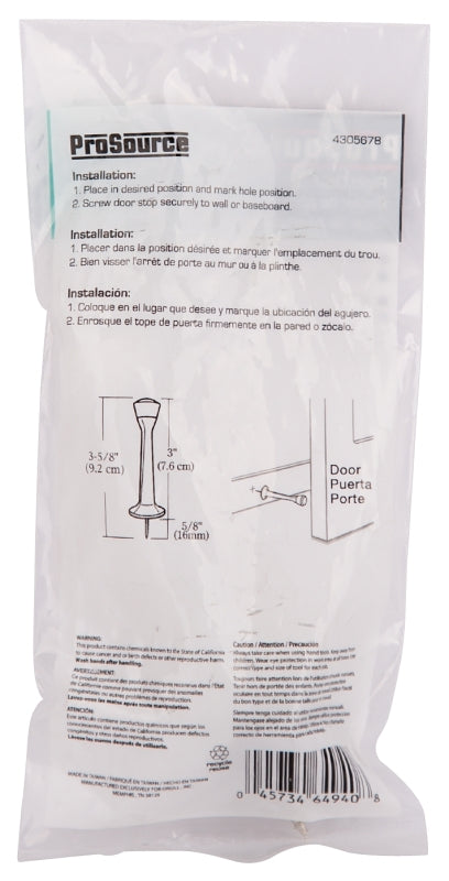 ProSource CL-208P-SN-PS Heavy-Duty Rigid Door Stop, 1 in Dia Base, 3 in Projection, Die-Cast Zinc & Plastic