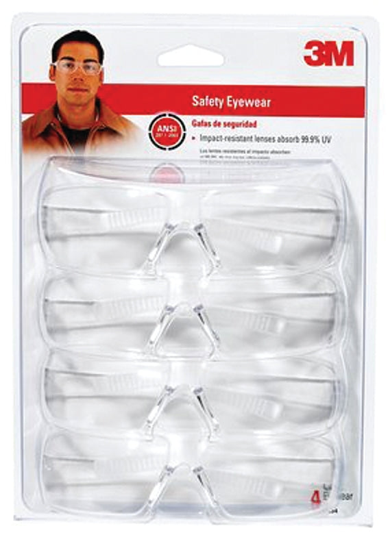 3M 90834-00000B Safety Glasses, Clear Lens, Clear Frame, Anti-Scratch Lens, Polycarbonate Lens, Wraparound Frame