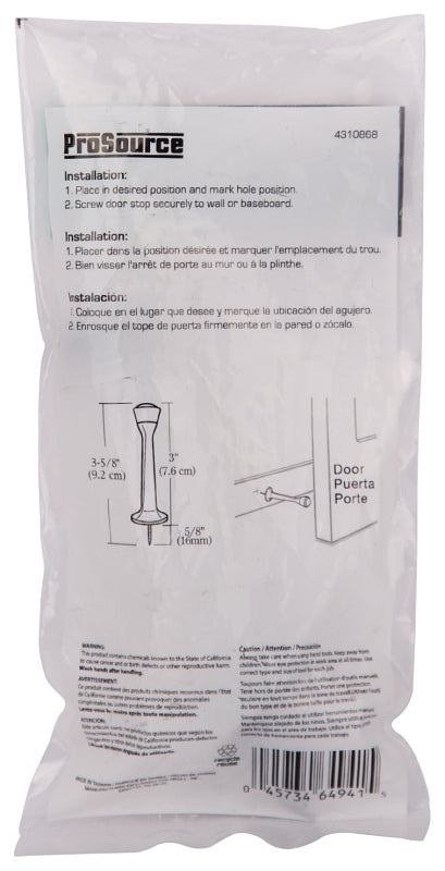 ProSource CL-208P-VB-PS Heavy-Duty Rigid Door Stop, 1 in Dia Base, 3 in Projection, Die-Cast Zinc & Plastic