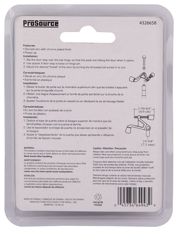 ProSource H20-B032C-PS Heavy-Duty Hinge Pin Door Stop, 2-3/4 in Projection, Die-Cast Zinc & Plastic, Chrome