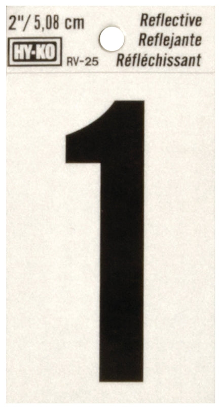 Hy-Ko RV-25 Series RV-25/1 Self-Adhesive Reflective Number, Character: 1, 2 in H Character, Black Character, Vinyl, Pack of 10
