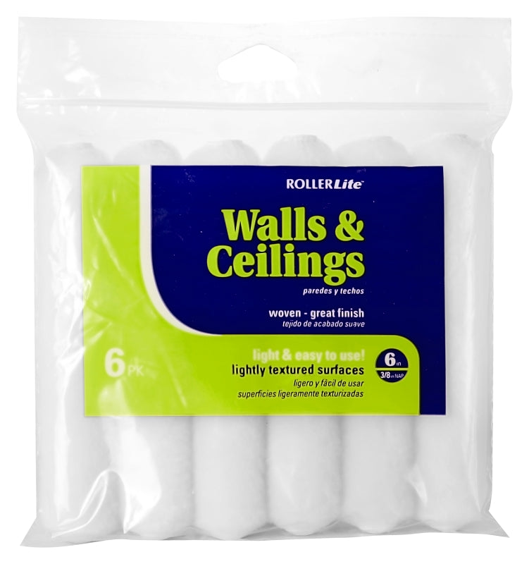 RollerLite 6WV038-6 Mini Roller Cover, White, 3/8 in Thick Nap, 6 in L, Dralon Cover, 6/PK