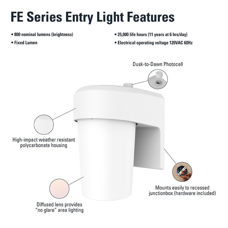 Halo FE Series FE08A40FDW Wall Sconce, 7.9 W, 120 V, LED, 977 Lumens, 4000 K, Polycarbonate, White