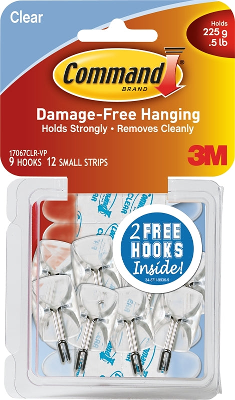Command 17067CLR-VP Wire Hook, 5/8 in Opening, 0.5 lb, 9 -Hook, Plastic, Clear