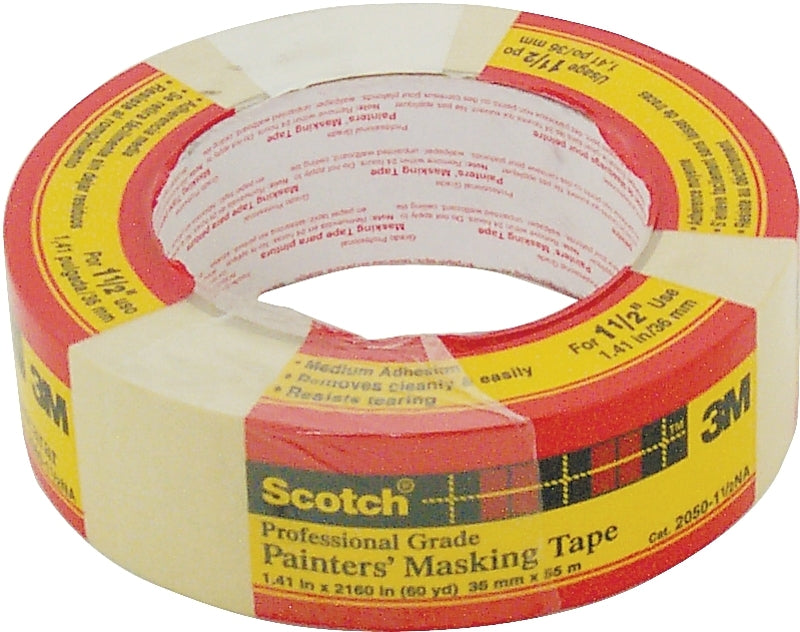 Scotch 20501.5 Masking Tape, 60.1 yd L, 1-1/2 in W, 4.4 mil Thick, Paper Backing, Beige
