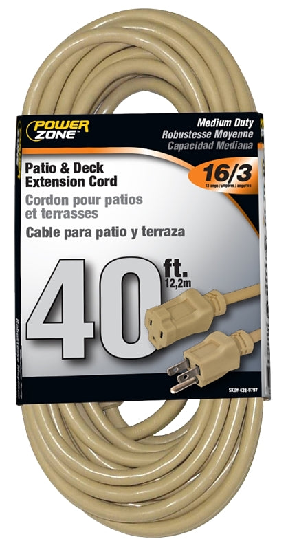 PowerZone OR884628 Extension Cord, 16 AWG Cable, 40 ft L, 125 V, Beige