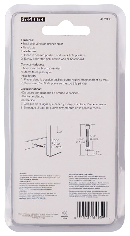 ProSource H61-Z019C-VB-PS Light-Duty Door Stop, 3/4 in Dia Base, 3 in Projection, Plastic & Steel, Venetian Bronze