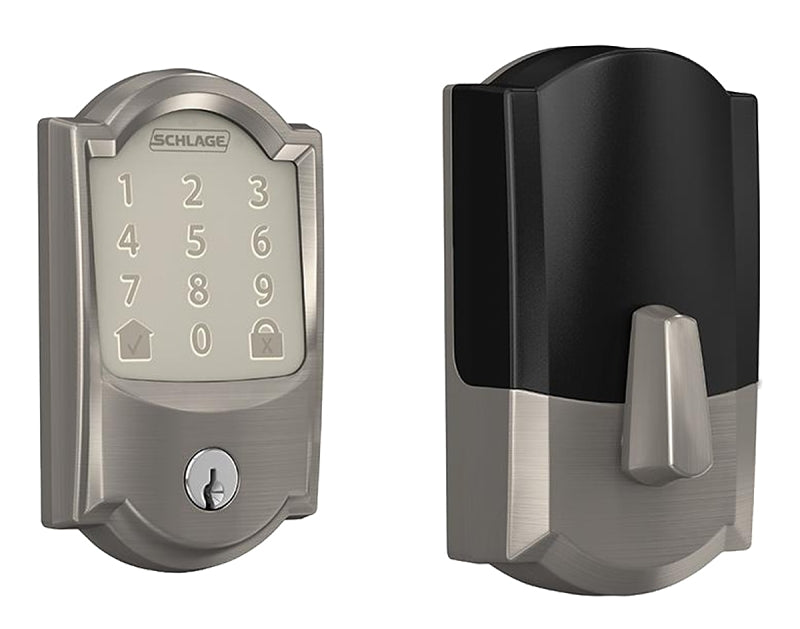 Schlage BE489WBV CAM 619 Electronic Deadbolt, Satin Nickel, Residential, 1 Grade, Metal, ADA Compliant, ADA Compliant