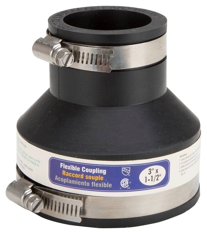 ProSource FC56-315 Coupling, 3 x 1-1/2 in, Cast Iron, Plastic and Steel Drain Pipes, PVC, Black