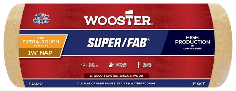 Wooster Super/Fab R243-9 Roller Cover, 1-1/4 in Thick Nap, 9 in L, Fabric Cover, Golden Yellow