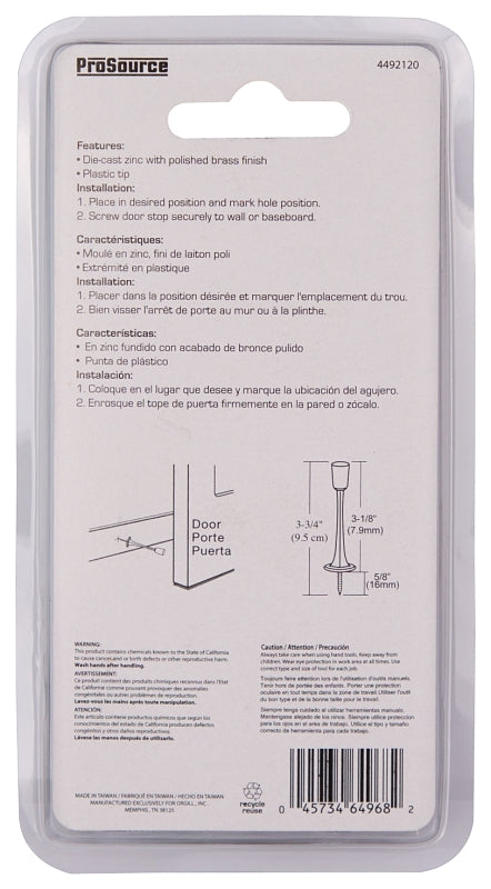 ProSource H20-Z020C-PS Heavy-Duty Rigid Door Stop, 15/16 in Dia Base, 3-1/8 in Projection, Die-Cast Zinc & Plastic