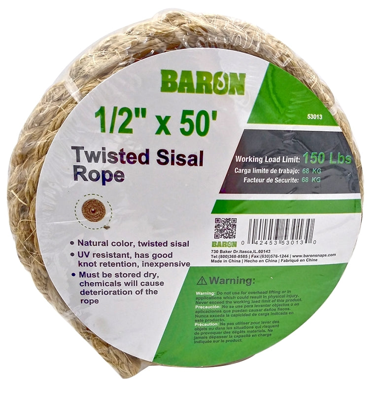 Baron 53013 Utility Rope, 1/2 in Dia, 50 ft L, 248 lb Working Load, Sisal, Natural