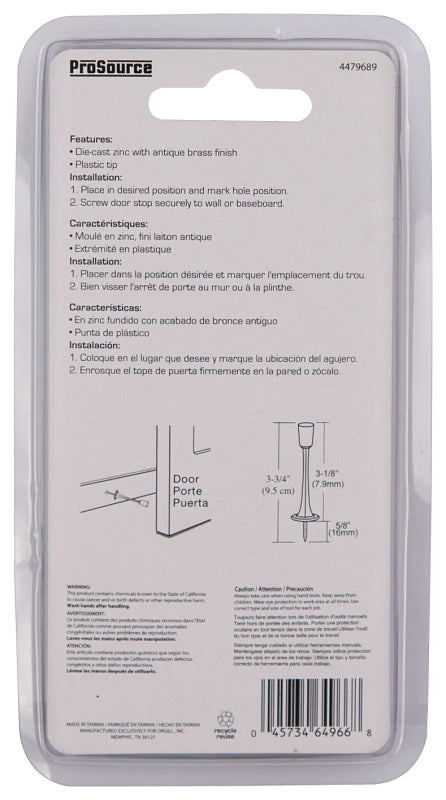 ProSource H20-Z023C-PS Heavy-Duty Rigid Door Stop, 15/16 in Dia Base, 3-1/8 in Projection, Die-Cast Zinc & Plastic