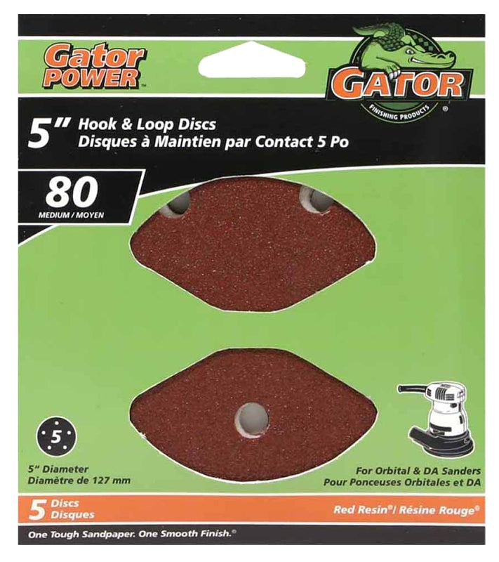 Gator 3784 Sanding Disc, 5 in Dia, 80 Grit, Medium, Aluminum Oxide Abrasive, Vented, 5/PK