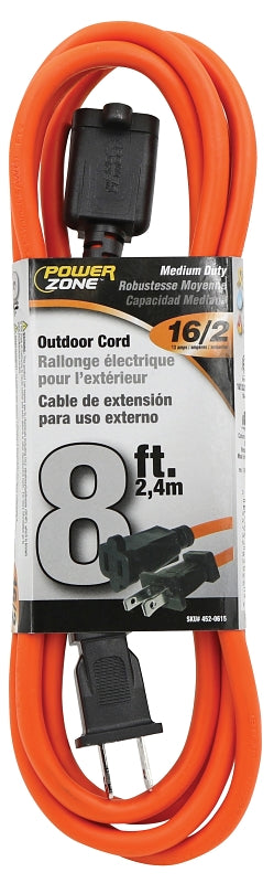 PowerZone OR481608 Outdoor Extension Cord, 16 AWG Cable, 8 ft L, Orange