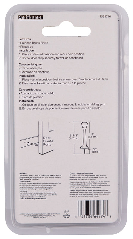ProSource CL-208C-PB-PS Heavy-Duty Rigid Door Stop, 1 in Dia Base, 3 in Projection, Die-Cast Zinc & Plastic