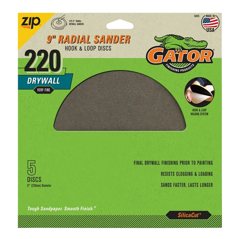 Gator 6445GA Sanding Disc, 9 in Dia, 220 Grit, Very Fine, Silicone Carbide Abrasive, 8-Hole