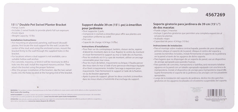 Landscapers Select GB0283L Hanging Plant Bracket, 15-1/2 in L, Steel, Black, Black, Wall