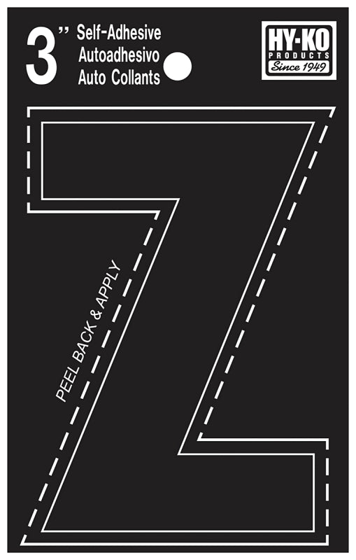 Hy-Ko 30400 Series 30436 Self-Stick Die-Cut Letter, Character: Z, 3 in H Character, Black Character, Vinyl, Pack of 10