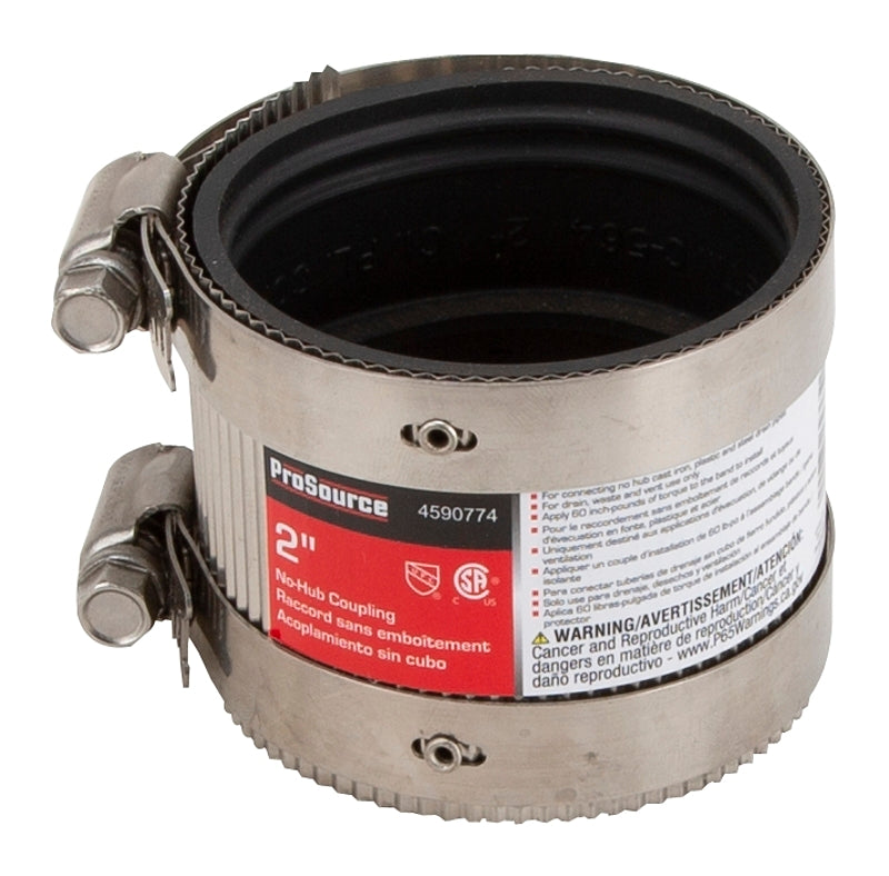 ProSource NHC-22 Coupling, 2 in, Cast Iron, Plastic and Steel Drain Pipes, Rubber/Stainless Steel