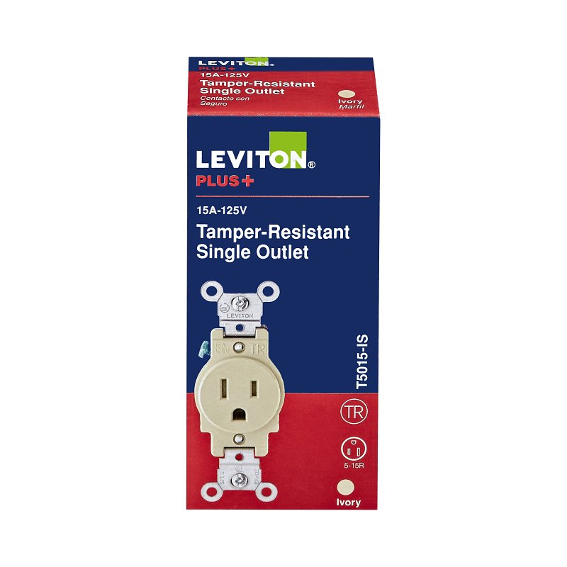 Leviton S01-T5015-0IS Single Receptacle, 2-Pole, 125 VAC, 15 A, Back, Side Wiring, NEMA: 5-15R, Ivory